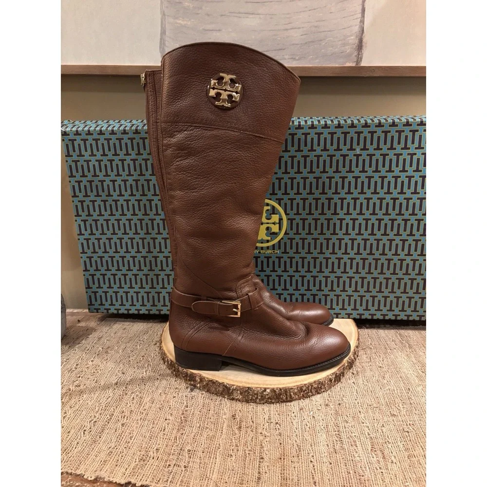 Tory Burch Adeline Almond Leather Gold Logo Buckle Knee High Riding Boots Sz-9.5
